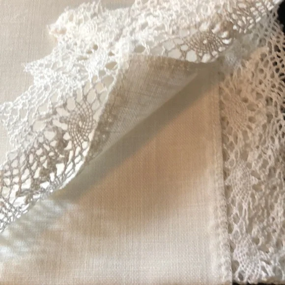 Vintage table runner linen with crocheted lace trim new in box.